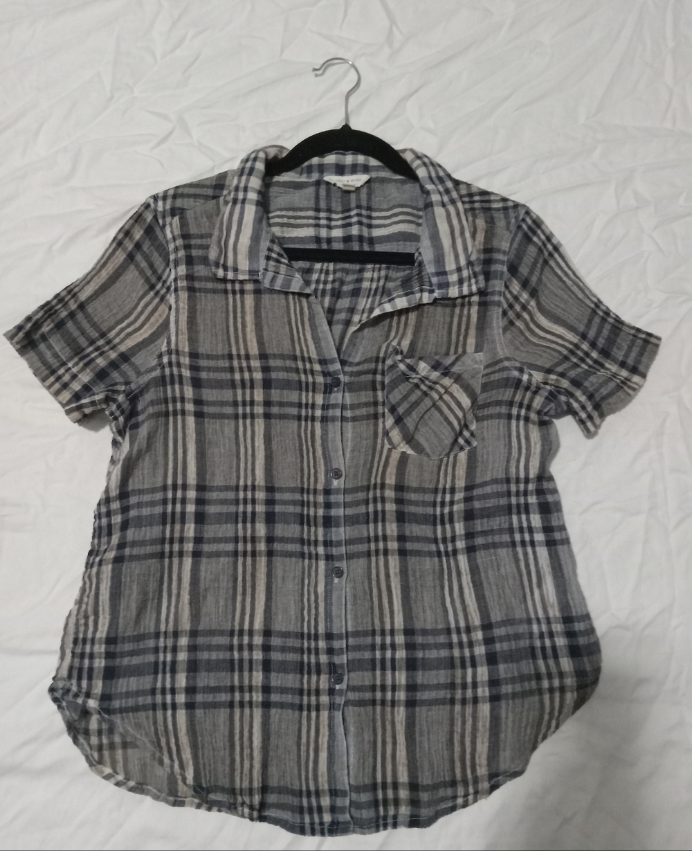Lucky Brand Gray & Navy Plaid Button Front Short Sleeve Shirt  Cotton Western Lg